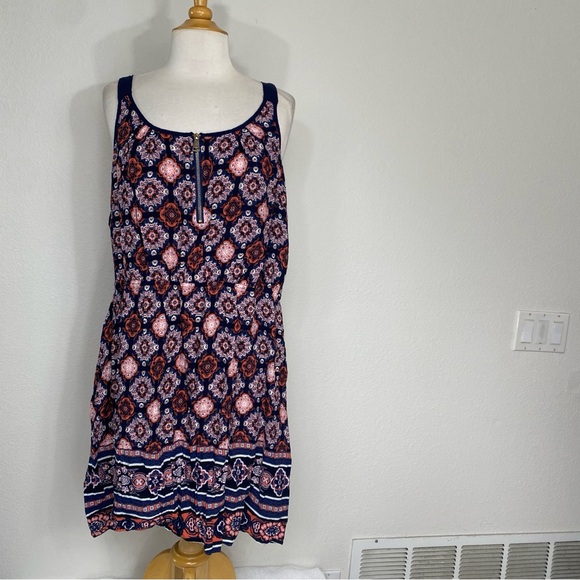 3/$25 J For Justify Navy Peach Floral Elastic Mini Dress Size 2X Boho Hippie - Picture 1 of 15